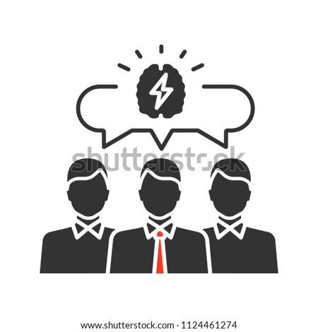 Team brainstorming glyph icon. Teamwork. Collective problem solving. Silhouette symbol. Thinking process. Generating idea. Negative space. Vector isolated illustration