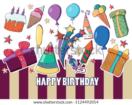 Vector template for birthday party greeting card. Hand drawn illustration.