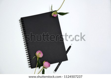 peonies around a black paper with place for writing on a white background