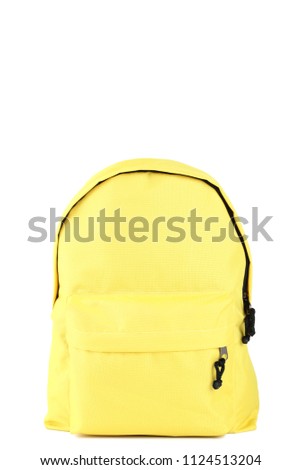 Yellow school backpack on white background Royalty-Free Stock Photo #1124513204
