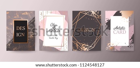 Modern card design. Hand drawn background. Gold, pink brochure, flyer, invitation template. Business identity style. Wedding pattern. Vector.