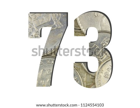 73 3d Number Shiny silver coins textures for designers. White isolated