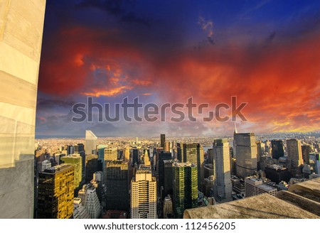 Aerial view of Tall Skyscrapers with dramatic sky - Manhattan