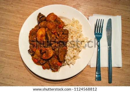 Traditional Icelandic lamb goulash and rice, summer time, indoor