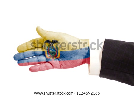 Handshake gesture businessman hand with Ecuador Flag isolated on white background