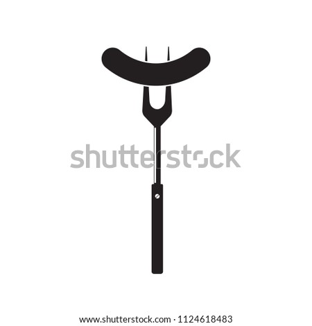Sausage on barbecue fork. Grilled sausage. Vector illustration flat design. Black simple silhouette. Symbol Template Logo. Isolated on white background.