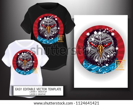 T shirt print design Japanese style. Head Eagle with sea and Sakura background. Mock up Black and white T shirt and Graphic printing. Vector illustration. Japanese Translation: Eagle
