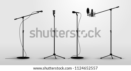 Set of microphones on counter. Flat design silhouette microphone, music icon, mic. Vector illustration. Isolated on white background