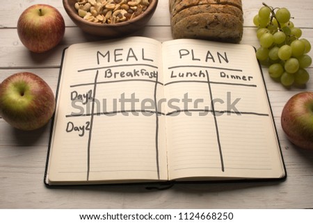 healthy eating, dieting, slimming and weigh loss concept - close up of diet plan pape