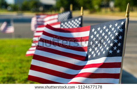 American flags in a Row , lined up for Independence Day on 4th of July 2018 United States of America patriotic symbol of freedom