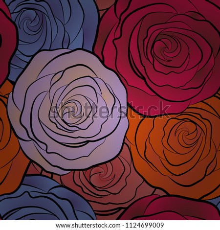 Hand drawn elements. Roses in red, orange and violet colors. Vector illustration. Seamless background pattern.
