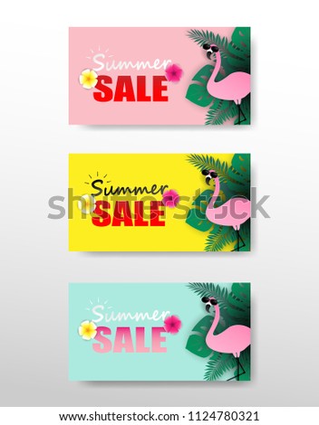 Summer sale promotion set . Flamingo and tropical leaves on pastels paper art style. Vector.