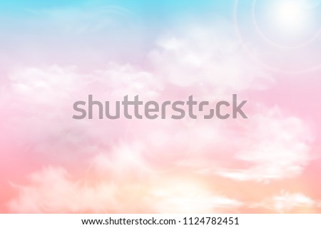 Sun and clouds background with a soft pastel color. Fantasy magical sunny sky pastel background with colorful cloudy sky, fluffy white cloud. Freedom concept. Vector illustration. Royalty-Free Stock Photo #1124782451