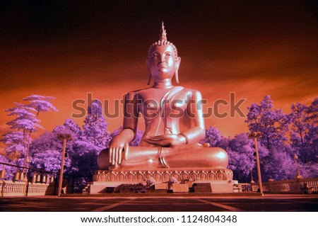 Big Golden Buddha Statue in thai temple from near infared style by IR mode.Paradise concept.              