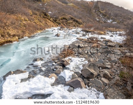 Frozen river in Skaftafell national park, near Svartifoss waterfall in winter season of Iceland