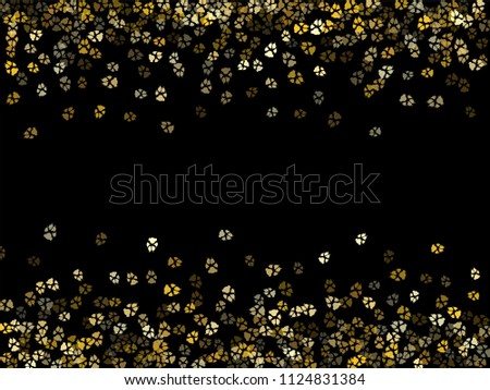 Dog or cat paw gold footprint, isolated on black back layer. Doggo, puppy or kitten foot steps luxury vector contour. Cute animal backdrop of paw foot print for illustration or fashion design.