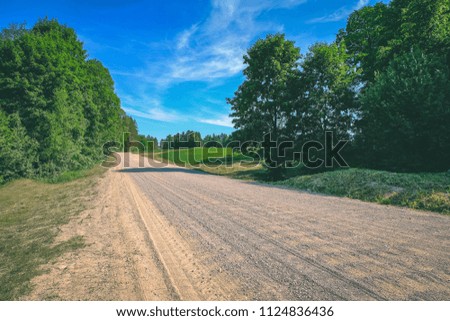 empty gravel road with tracks of mud in the countryside in summer heat perspective in forest - vintage retro look