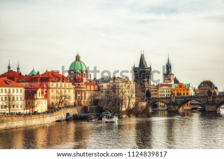 Prague, Czech Republic - April 04, 2018: Scenic view on Vltava river and historical center of Prague,buildings and landmarks of old town, Prague, Czech Republic