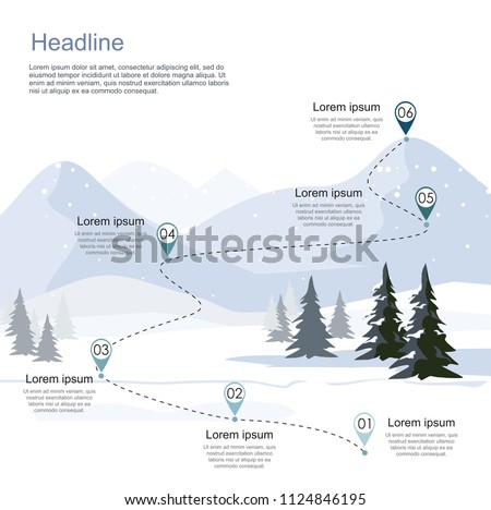 Winter ski resort, route infographic. Layers of mountain landscape with fir forest. Vector illustration. Royalty-Free Stock Photo #1124846195