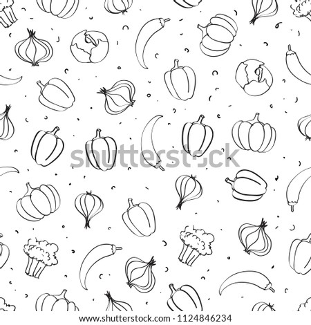 Vegetables seamless pattern, hand drawn doodle bell pepper, chili pepper, garlic, broccoli, onion, cabbage, pumpkin made in vector. 
