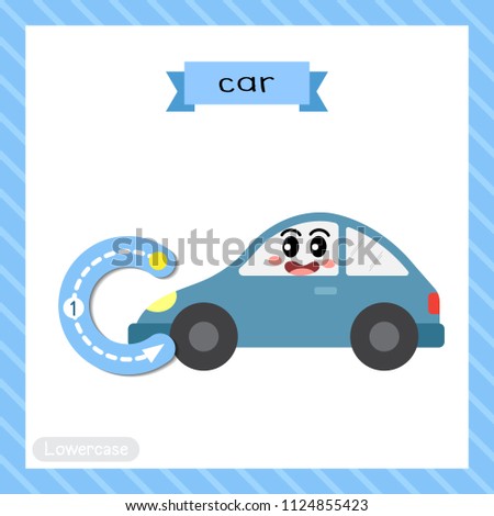 Letter C lowercase cute children colorful transportations ABC alphabet tracing flashcard of Car for kids learning English vocabulary and handwriting Vector Illustration.