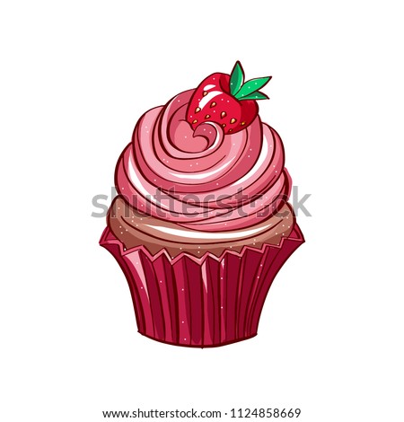 Icon of strawberry cupcake on white isolated background.
Very high quality original trendy illustration of a strawberry chocolate capcake.