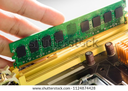 Close up of Electronic Ram(random access memory) on Mainboard computer