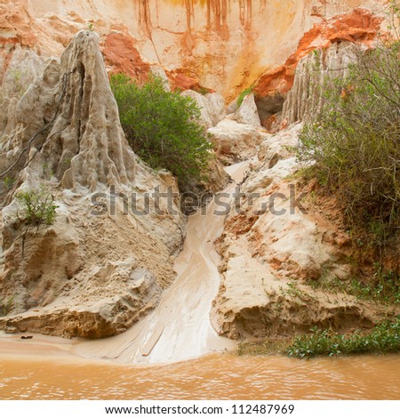 Ham Tien canyon in Vietnam, small stream carving through the sand