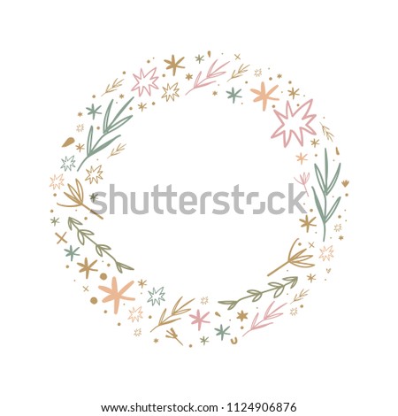 Vector, clipart, hand drawn. Boho frame, text template, floral pattern, stars, pastel flowers. Print for cards, posters, t-shirts and other. Isolated objects.
