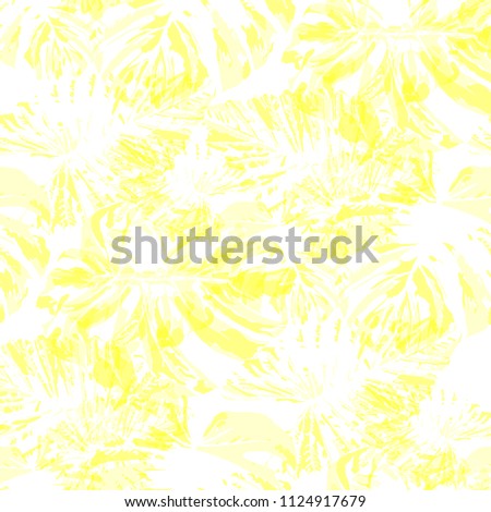 Tropical Pattern. Seamless Texture with Bright Hand Drawn Leaves of Exotic Tree. Trendy Rapport for Print, Paper, Swimwear. Vector Seamless Background with Tropic Plants. Watercolor Effect.