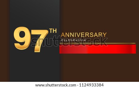 97 years anniversary celebration logotype golden color with red ribbon elegant design for anniversary celebration, invitation card, and greeting card.
