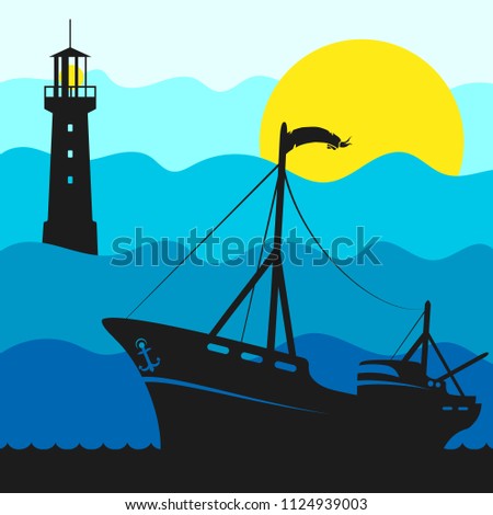 Fishing boat on the waves and the lighthouse illustration