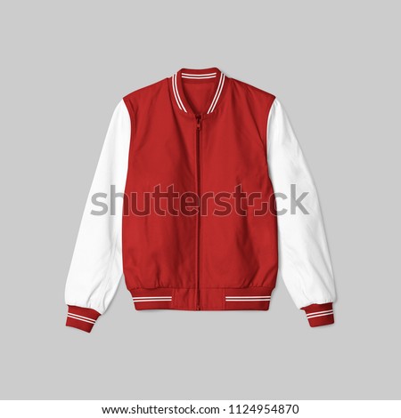 blank jacket satin baseball red and white color on grey background for mockup template isolated. in front view Royalty-Free Stock Photo #1124954870