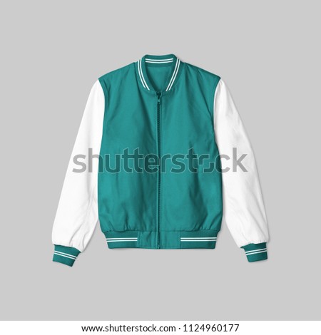 blank jacket satin baseball cyan and white color on grey background for mockup template isolated. in front view