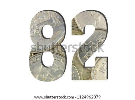 82 3d Number Shiny silver coins textures for designers. White isolated