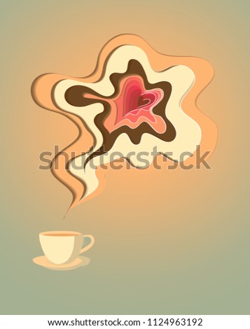  A cappuccino or cocoa with milk and a saucer. Steam in the form of a heart. Digital paper cut illustration. Eps 10 vector.