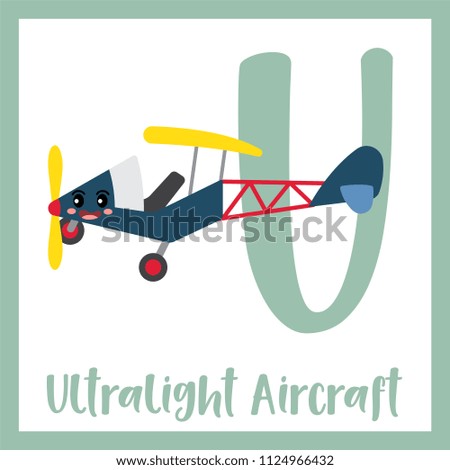 Letter U cute children colorful transportations ABC alphabet flashcard of Ultralight Aircraft for kids learning English vocabulary Vector Illustration.