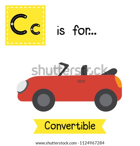 Letter C cute children colorful transportations ABC alphabet tracing flashcard of Convertible for kids learning English vocabulary Vector Illustration.
