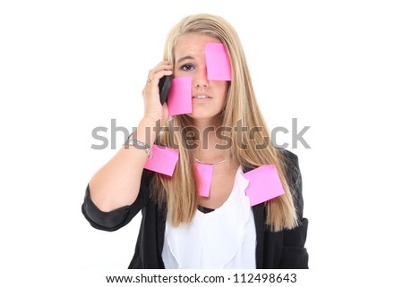 Beautiful woman with stress and post it papers