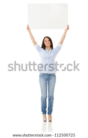 Woman holding up a banner - isolated over white background