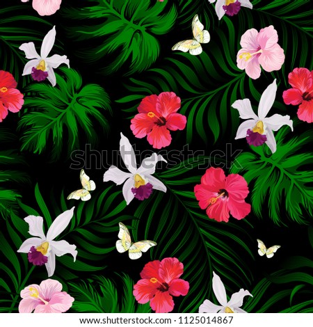 Seamless hand drawn exotic vector pattern with green palm leaves and hibiscus flower.