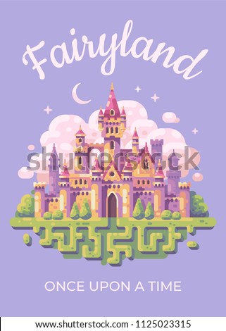 Fairy tale castle flat illustration poster. Fairyland kid book cover concept. Royalty-Free Stock Photo #1125023315