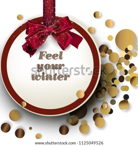 Merry Christmas  greeting vector illustration with golden stars, glitters, sparkles and red round frame for text