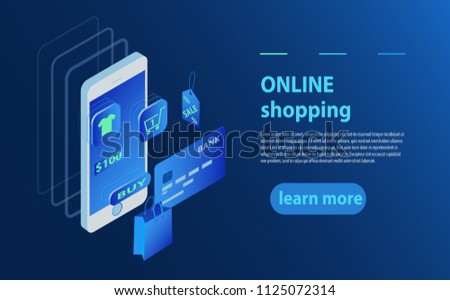 Concept of online shop, online store. Transfer money from card. Isometric phone, Bank card and shopping bag on blue background. 3d isometric vector illustration. Smart phone online shopping concept