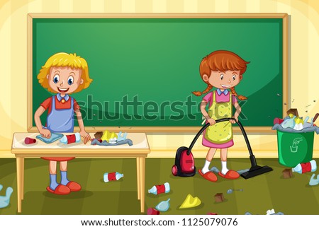 Maid Cleaning Dirty Classroom illustration