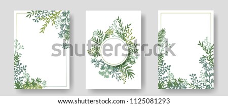 Vector invitation cards with herbal twigs and branches wreath and corners border frames. Rustic vintage bouquets with fern fronds, mistletoe twigs, willow, palm branches in green colors. Royalty-Free Stock Photo #1125081293