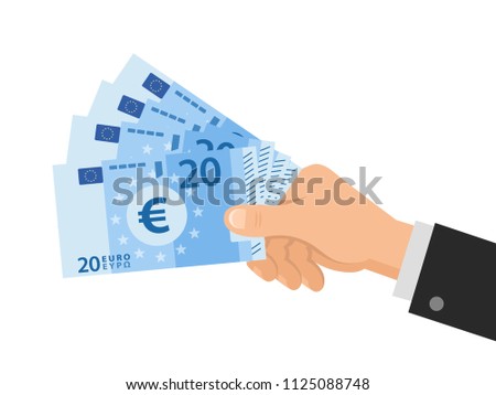 Hand holds money Euro 20 banknotes. Business concept. Isolated on white background. Flat Style. Vector illustration.
