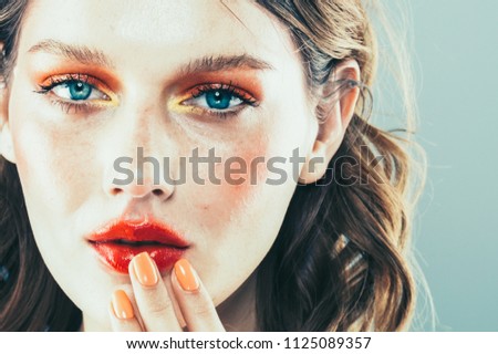 Colorful make up woman face beauty portrait red pink lips