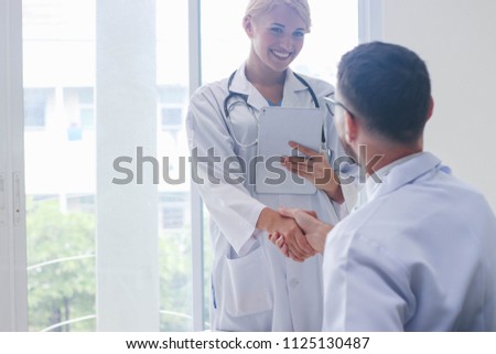 Doctor handshake in the office, meetings to plan the treatment of patients in hospitals.