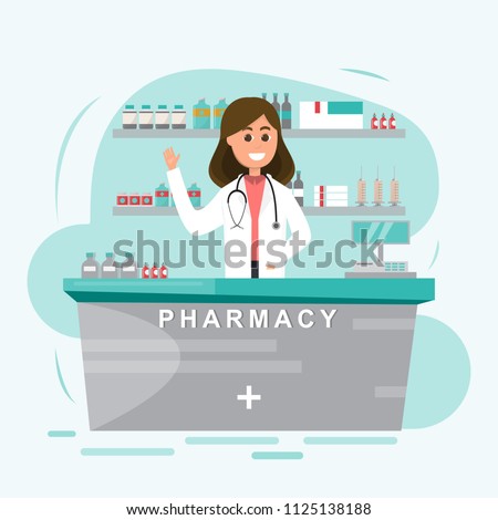 pharmacy with nurse in counter. drugstore cartoon character design vector illustration  Royalty-Free Stock Photo #1125138188